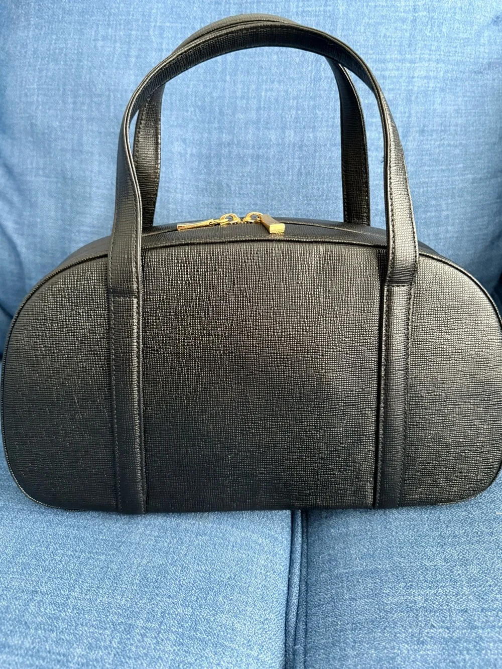 MCM Black Textured Leather Dome Satchel with Gold Accents